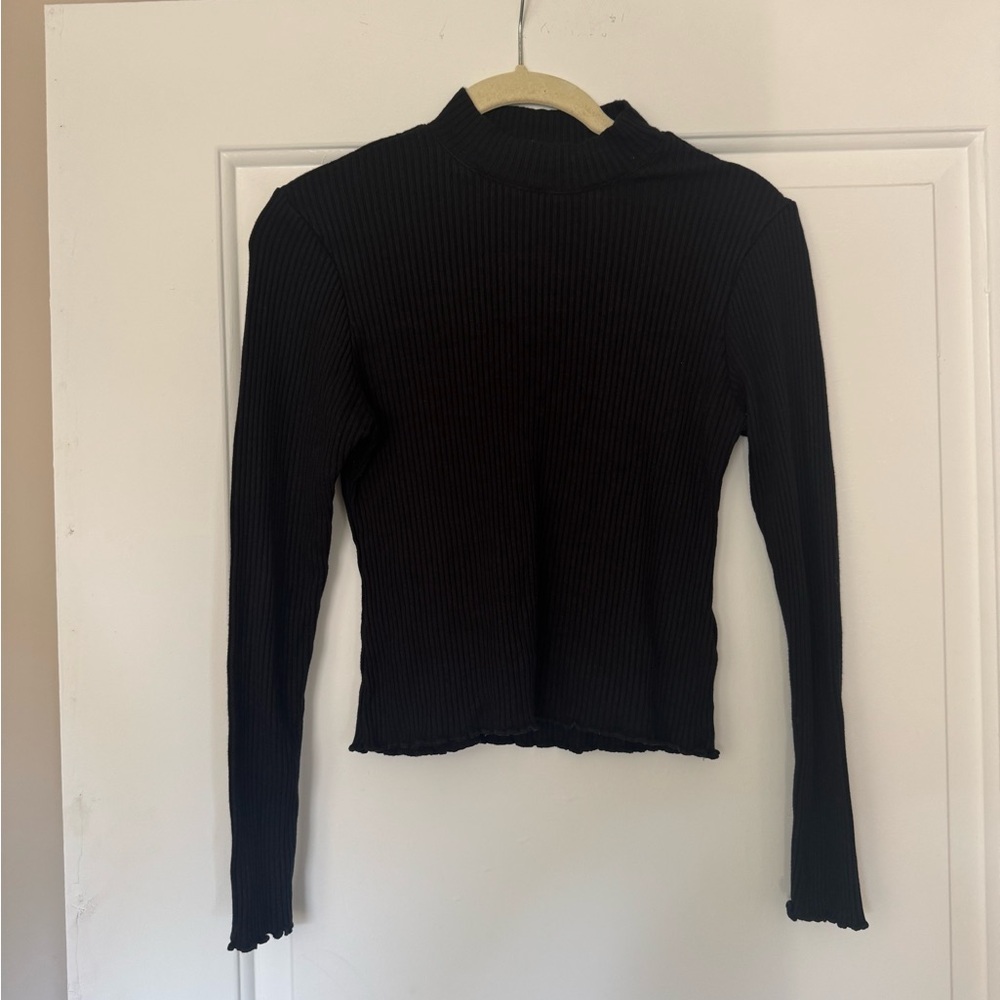 Whimsy + Row Black Ribbed Mock Neck Long Sleeve Top